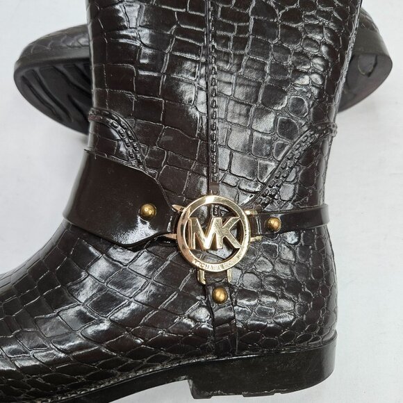 Michael Kors Rain Booties Dark Brown Croc Embossed Equestrian Rubber Rainboot - Picture 9 of 13